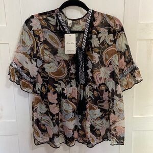 NWT Moa Moa Bohemian Paisley Sheer V-neck Women’s Blouse Size Small